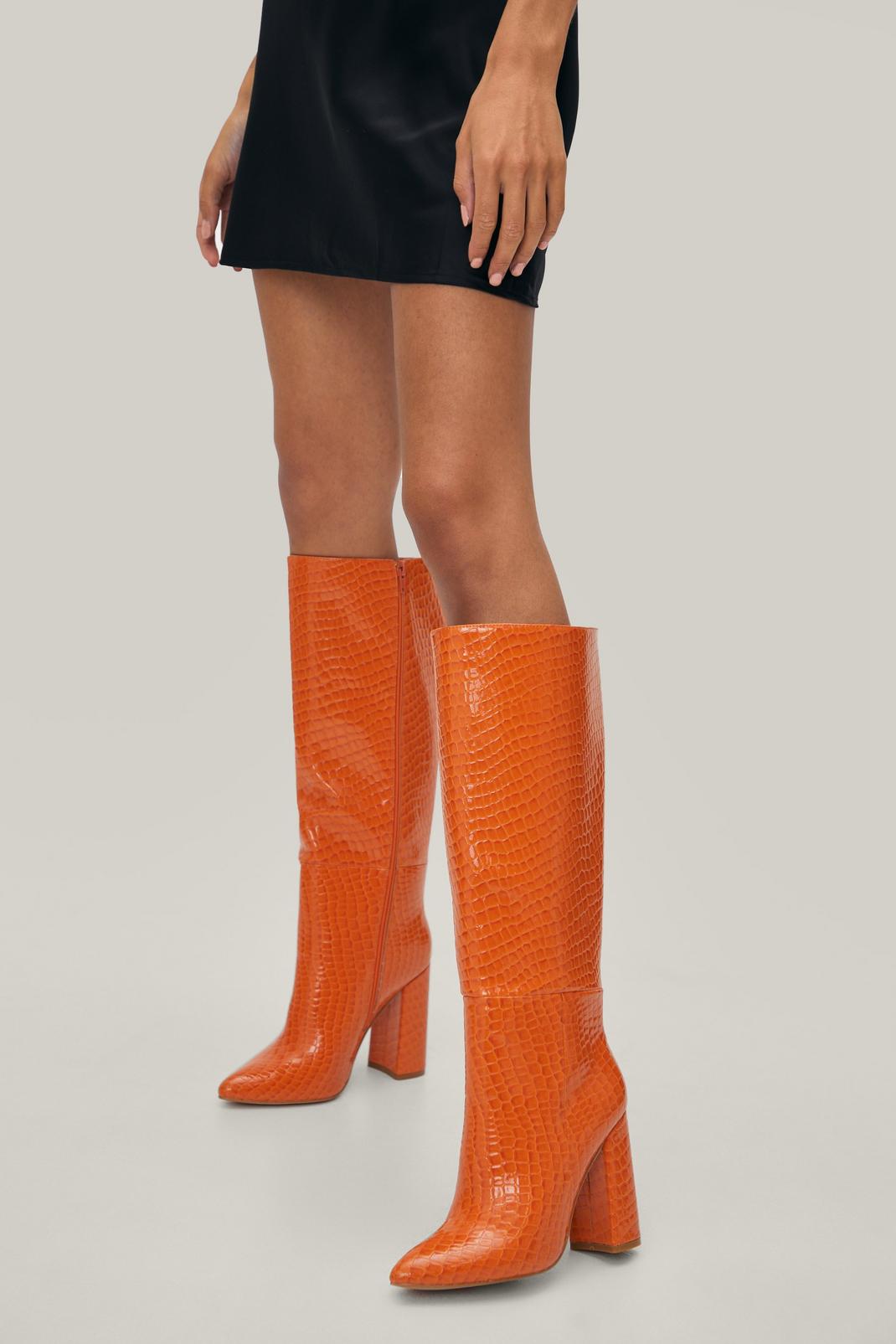 Orange Faux Leather Croc Embossed Knee High Boots image number 1