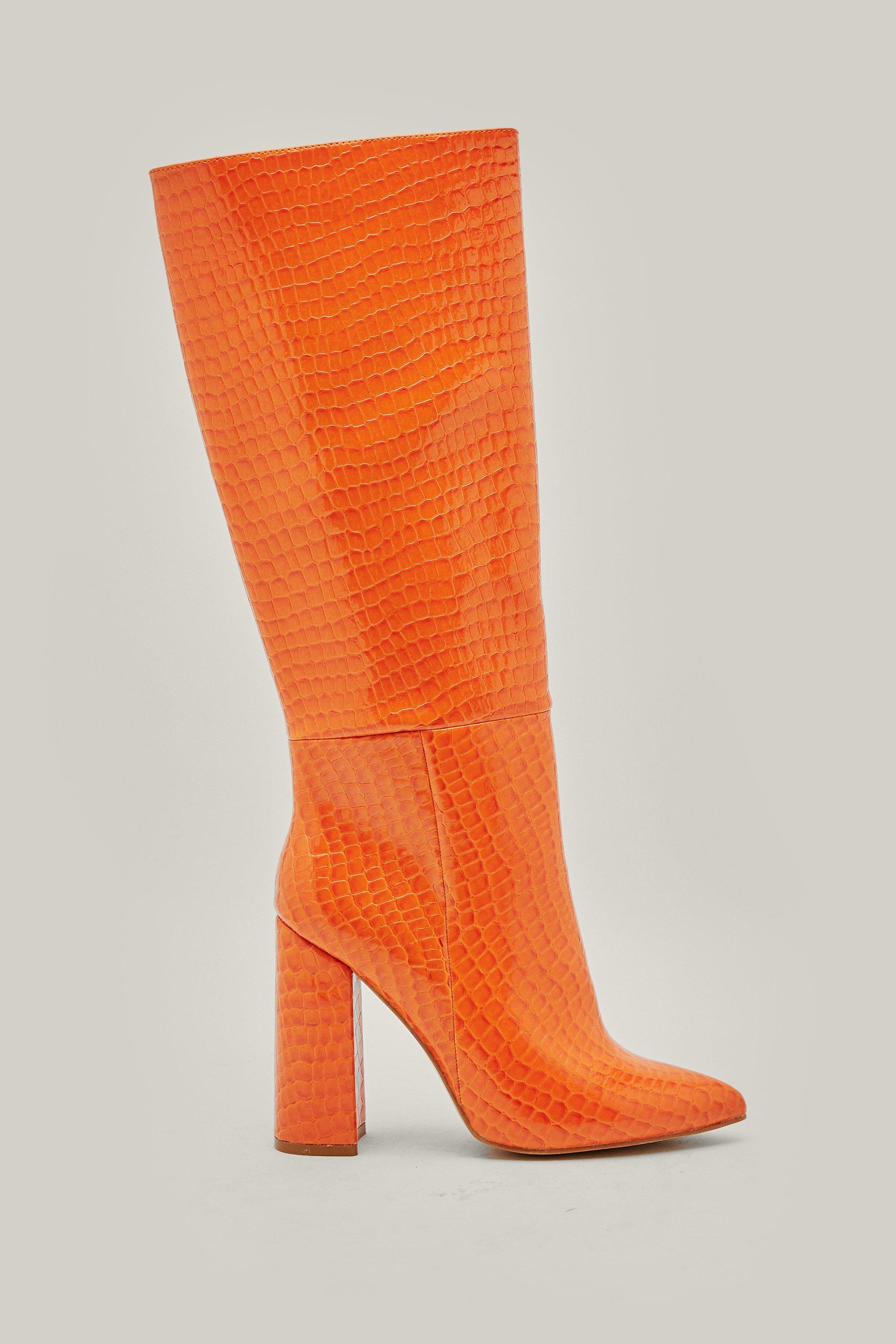 Faux Leather Croc Embossed Knee High Boots