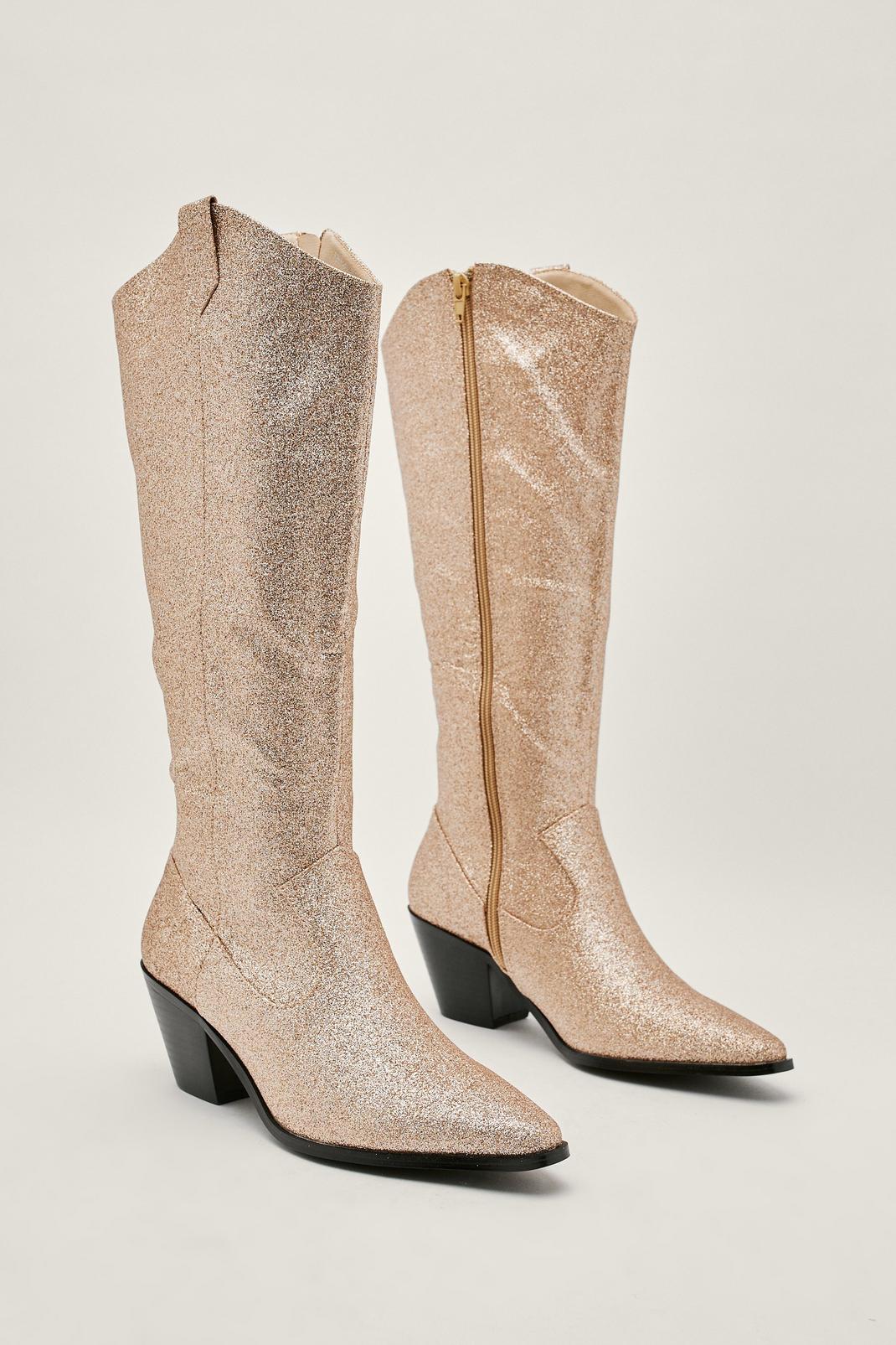Eggshell Glitter Design Knee High Cowboy Boots image number 1