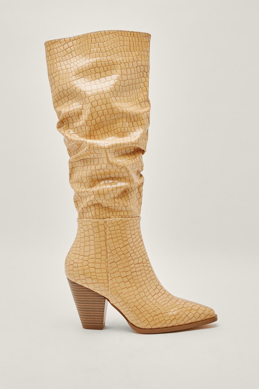 Beige Faux Leather Croc Slouchy Knee High Boots image number 1