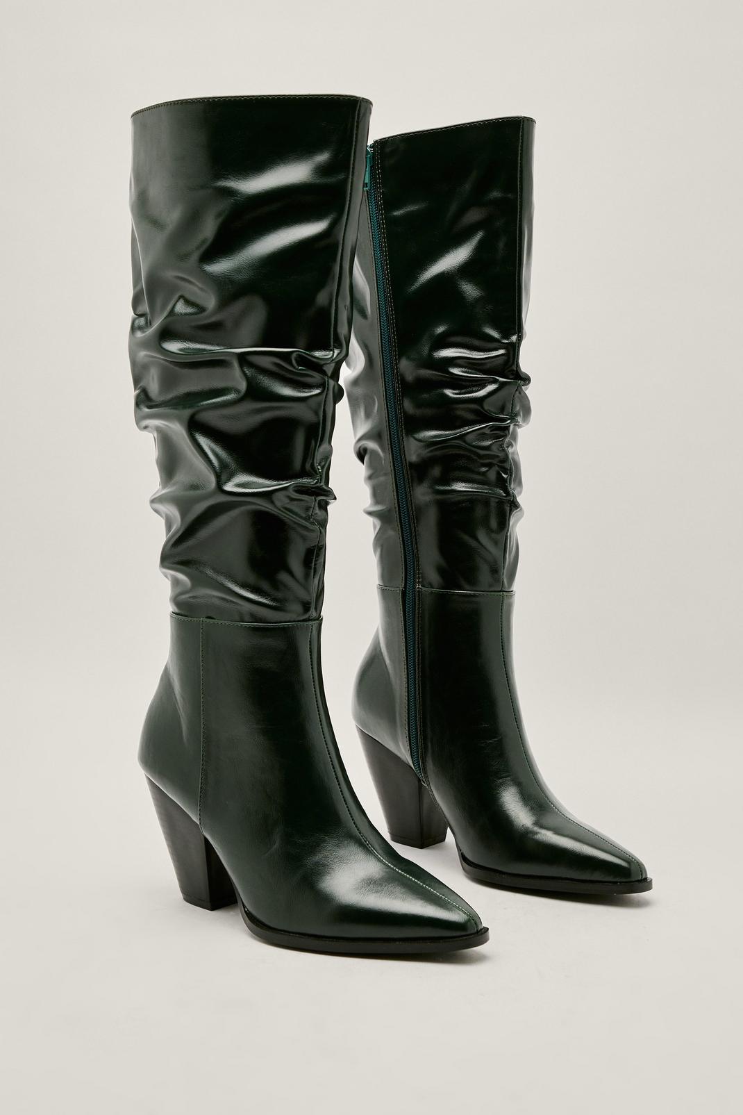 Green Faux Leather Croc Slouchy Knee High Boots image number 1