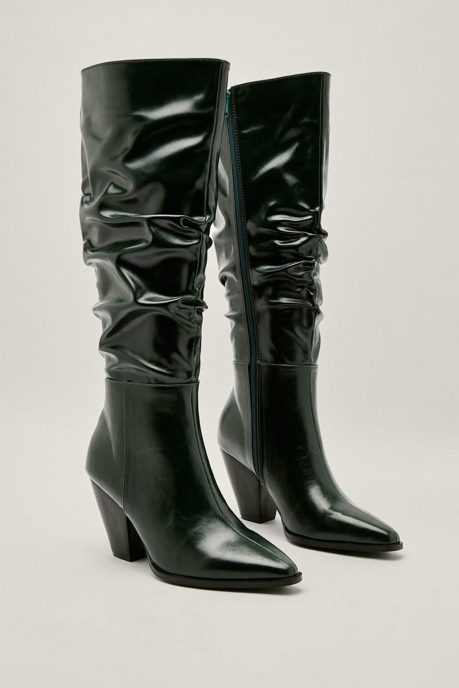 Faux Leather Croc Slouchy Knee High Boots