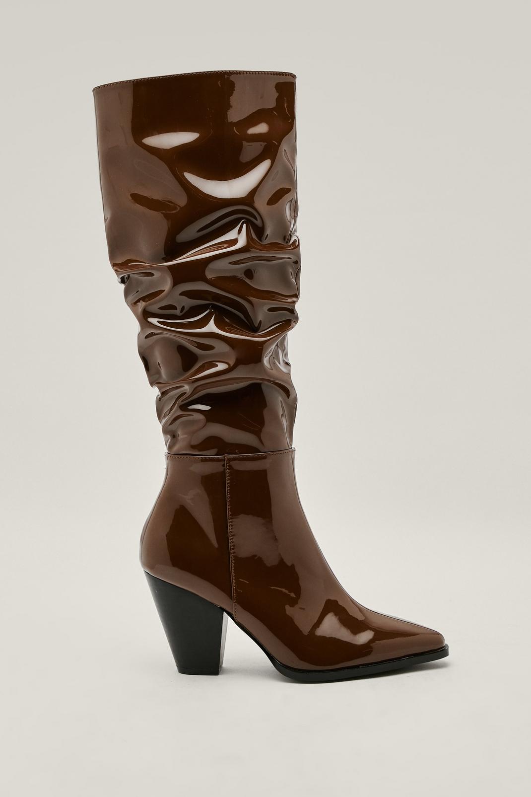 Chocolate Patent Faux Leather Western Knee High Boots image number 1