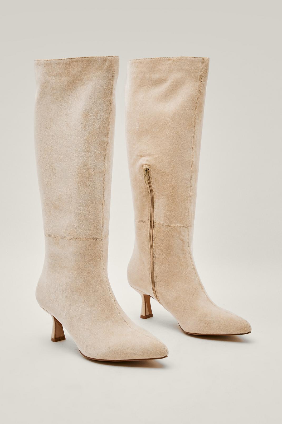 Beige Knee High Pointed Faux Suede Boots image number 1