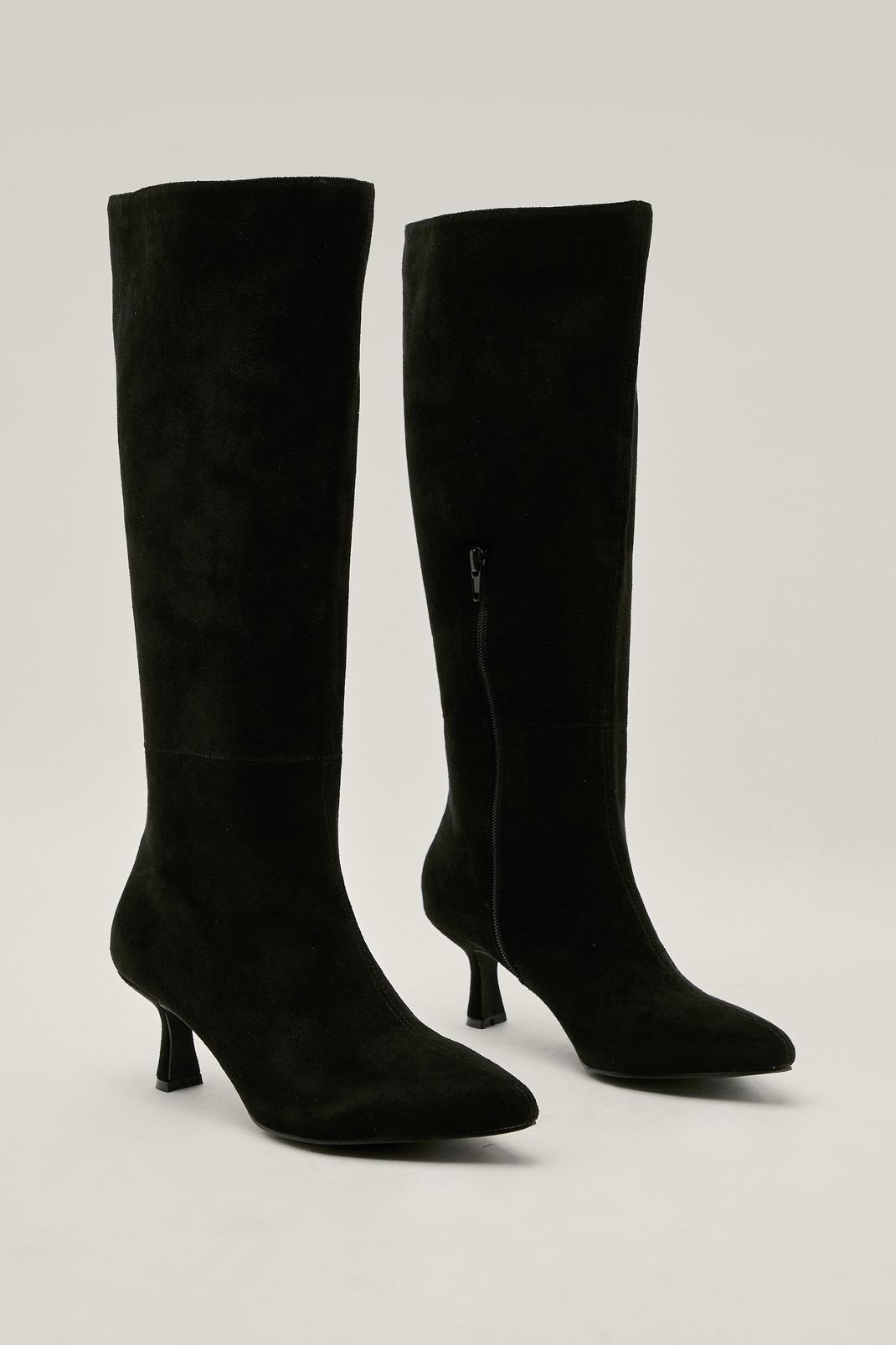 Black Knee High Pointed Faux Suede Boots image number 1