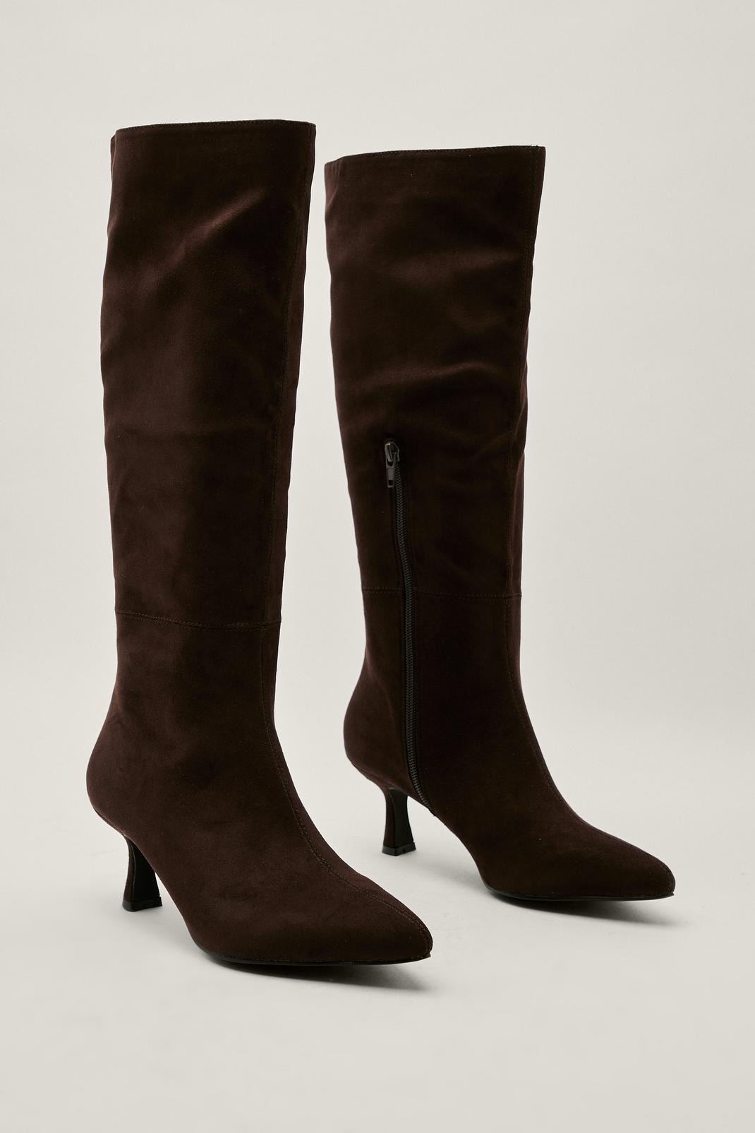 Chocolate Faux Suede Pointed Knee High Boots image number 1