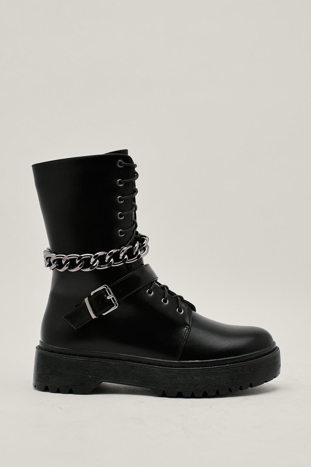 Black Faux Leather Chunky Metal Biker Boots image number 1