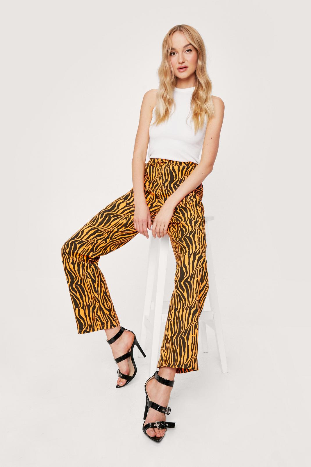 Orange Tiger Print Woven Straight Leg Trousers image number 1