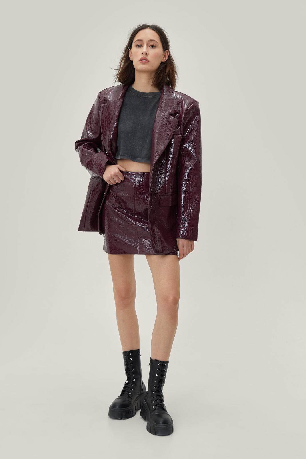 Wine Faux Croc Faux Leather Mini Skirt image number 1