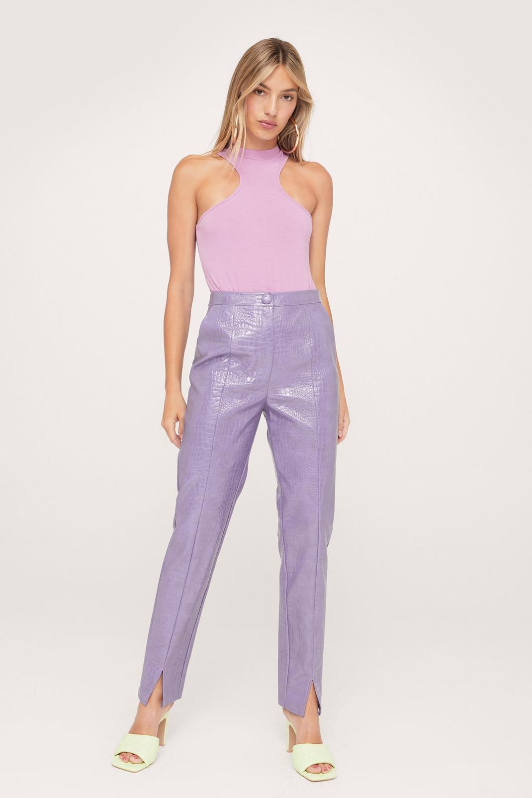 Lilac Faux Leather Croc Embossed Straight Leg Pants image number 1