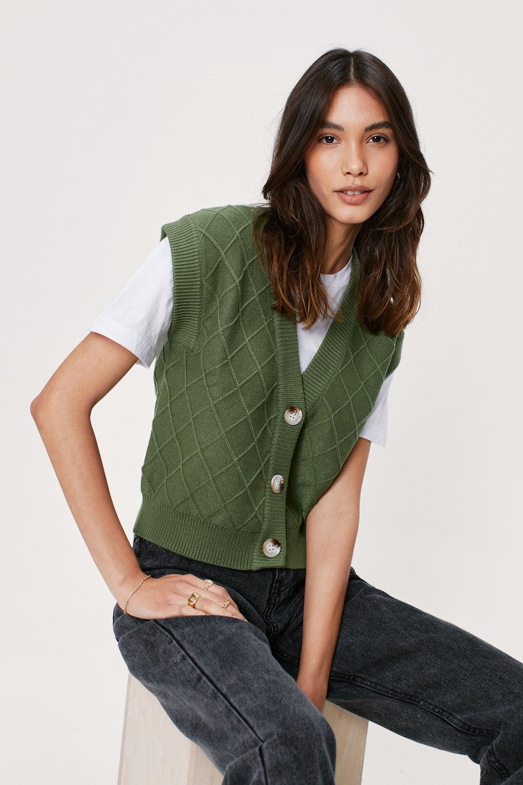 Green Grid Knitted Button Cropped Sweater Vest image number 1