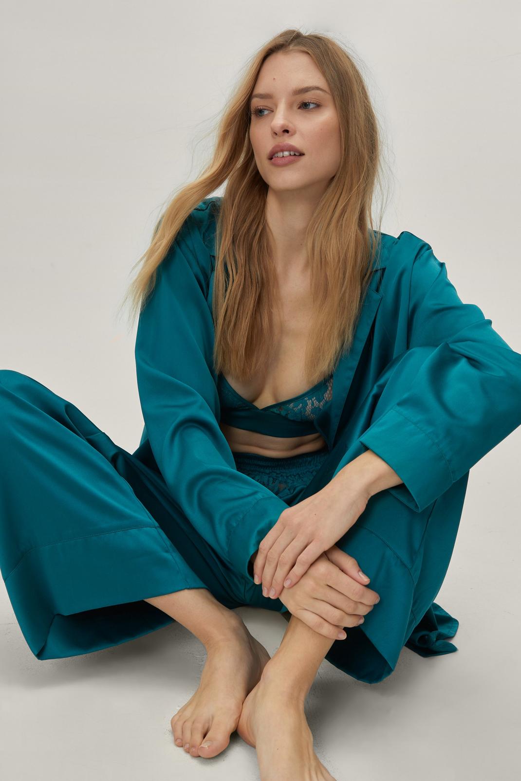 Emerald Satin Lace Insert 3 Pc Pyjama Trousers Set image number 1