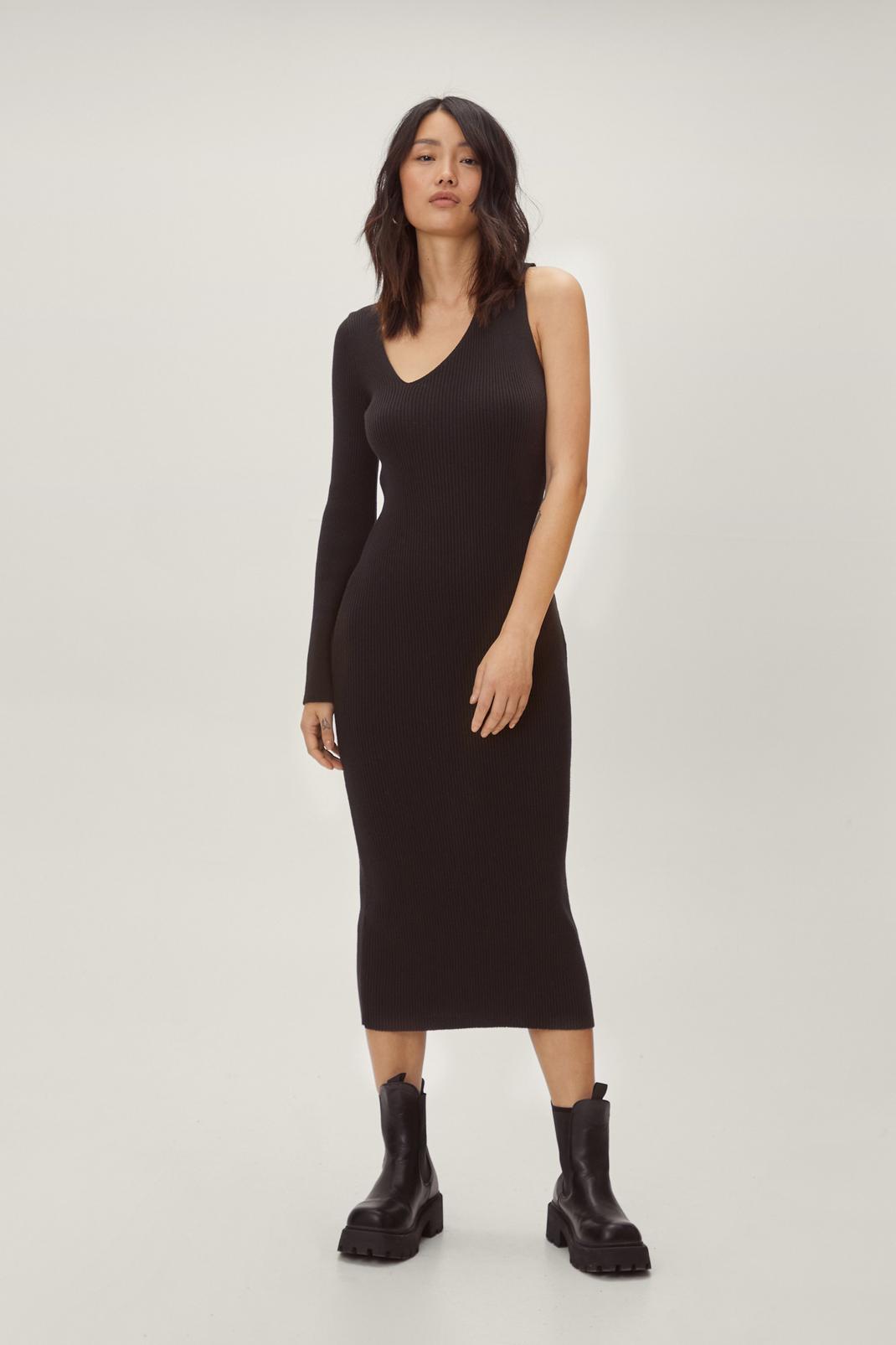 Black Knitted Cut Out One Shoulder Midi Dress image number 1