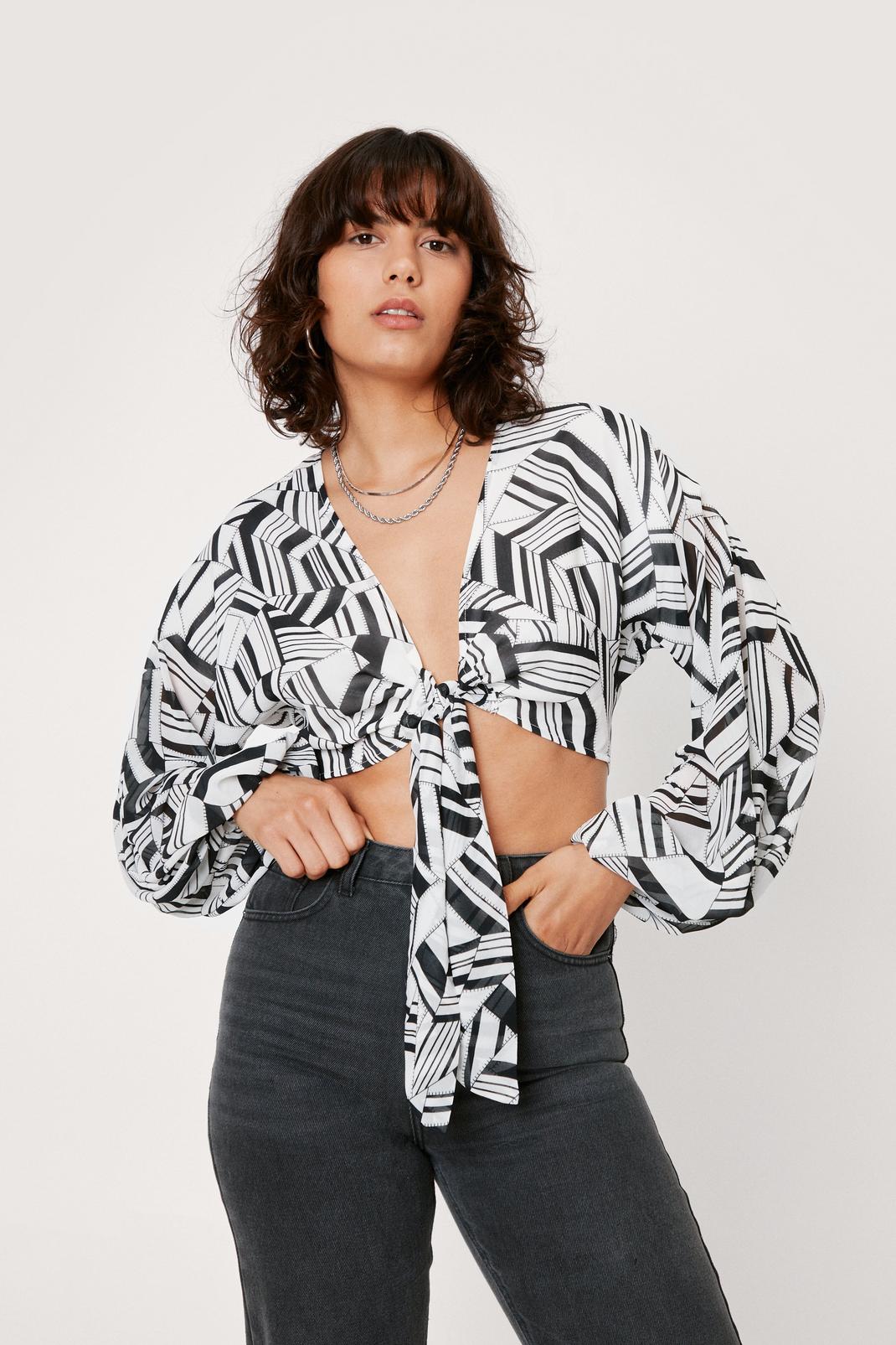 Abstract Print Oversized Sleeve Tie Front Blouse image number 1