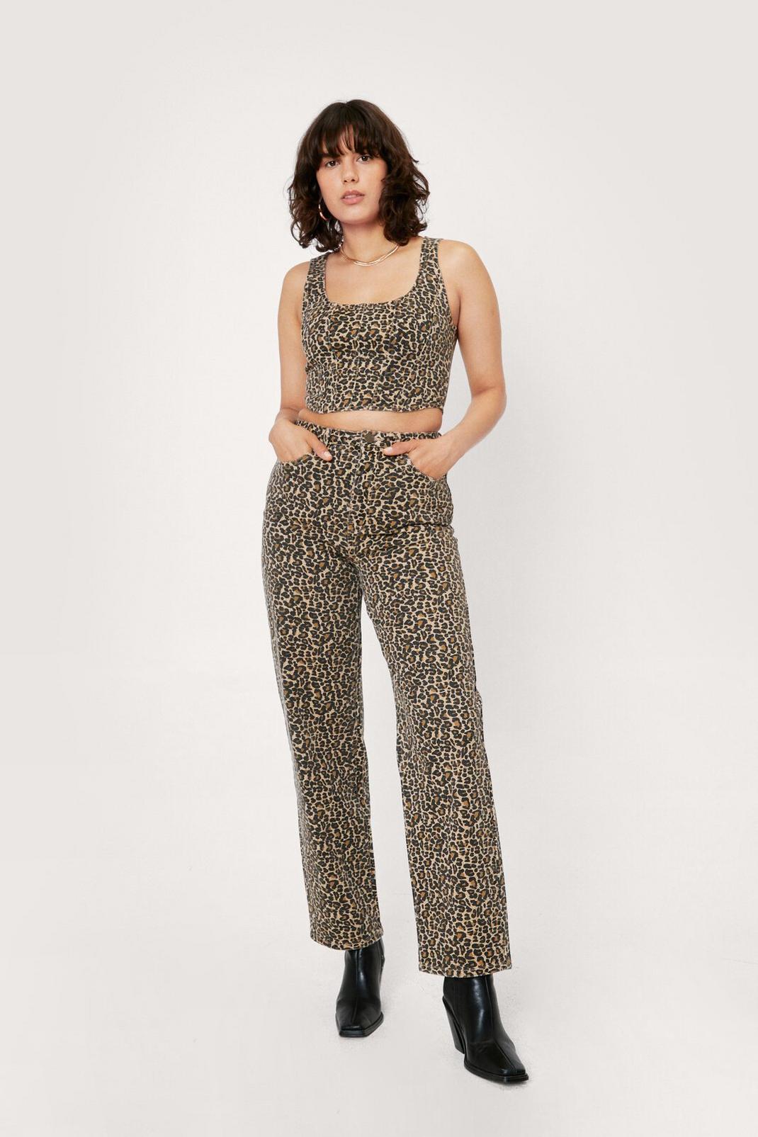 Jeans droit à imprimé léopard, Tan image number 1