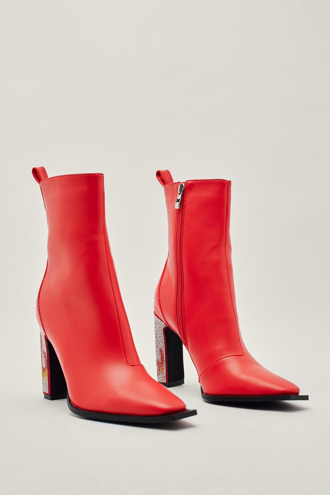 Red Flame Diamante Heel Ankle Boots image number 1