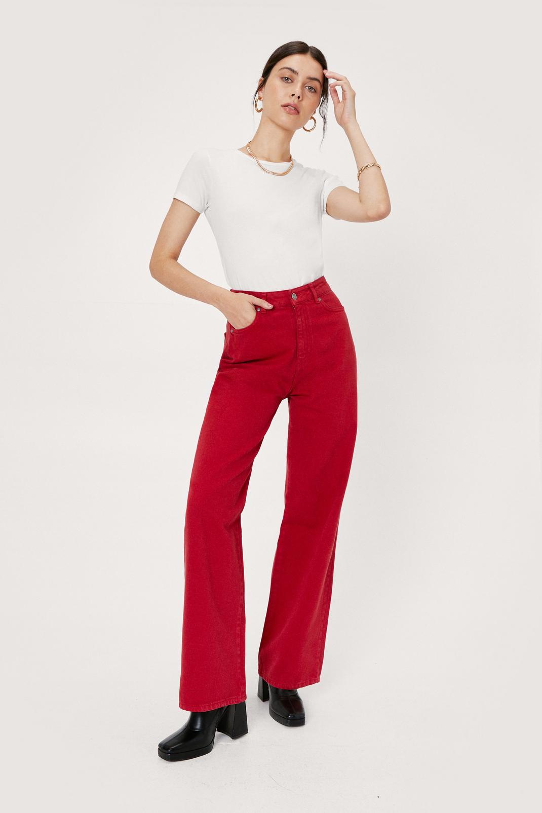 Red Colored Straight Leg High Waisted Denim Jeans image number 1