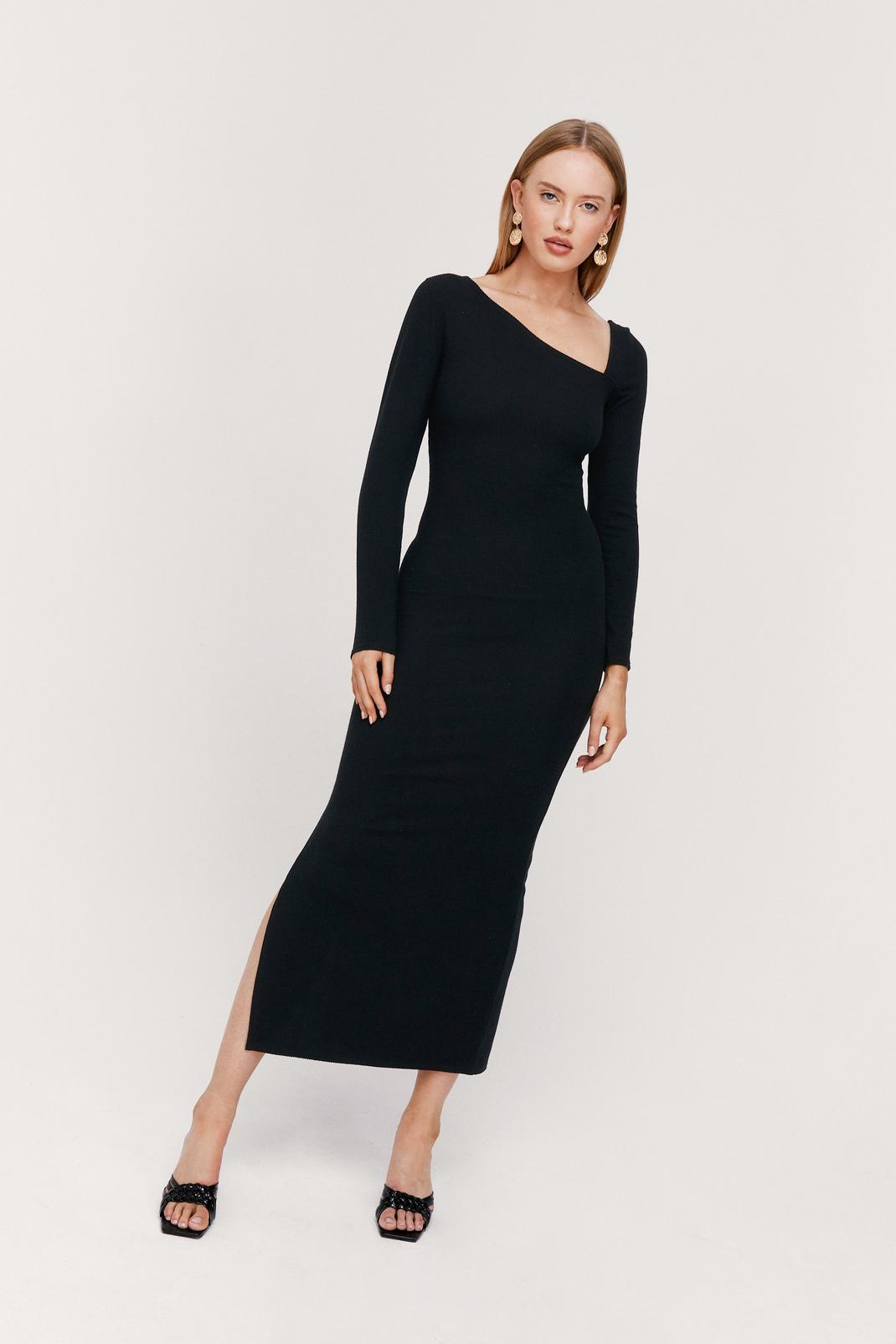 Black Ribbed Aysmmetric Long Sleeve Maxi Dress image number 1