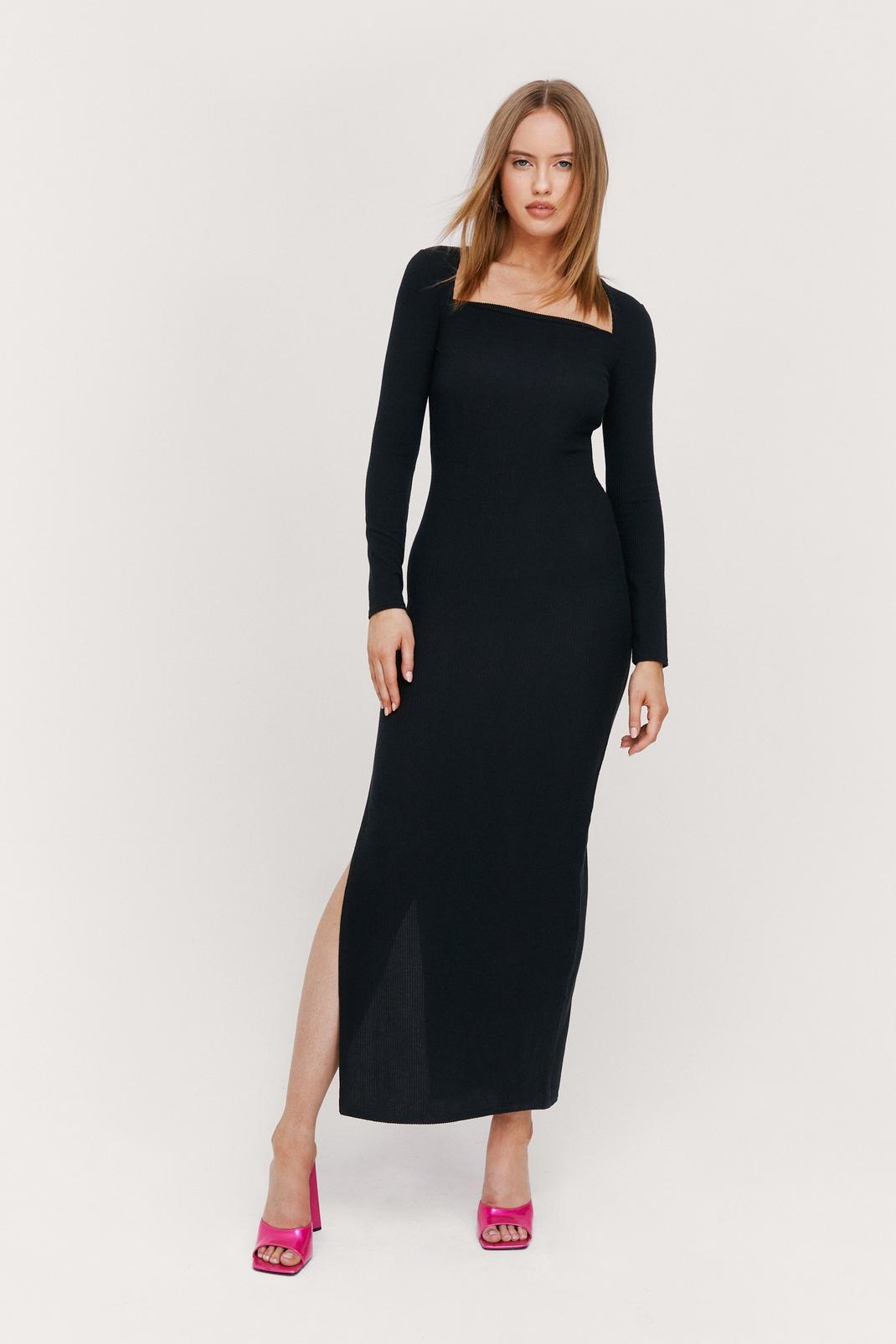 Black Square Neck Ribbed Bodycon Maxi Dress image number 1