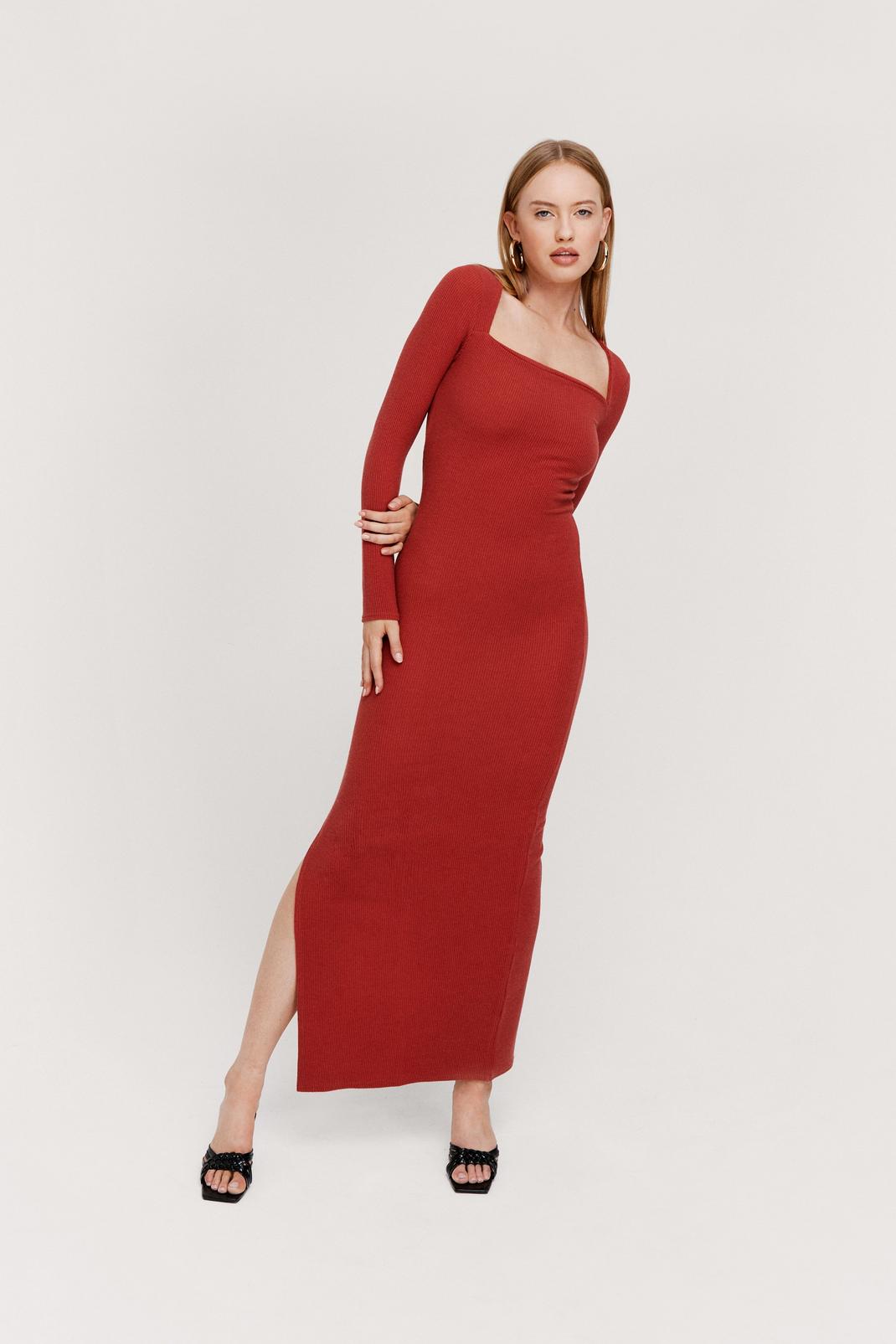 Rust Square Neck Ribbed Bodycon Maxi Dress image number 1