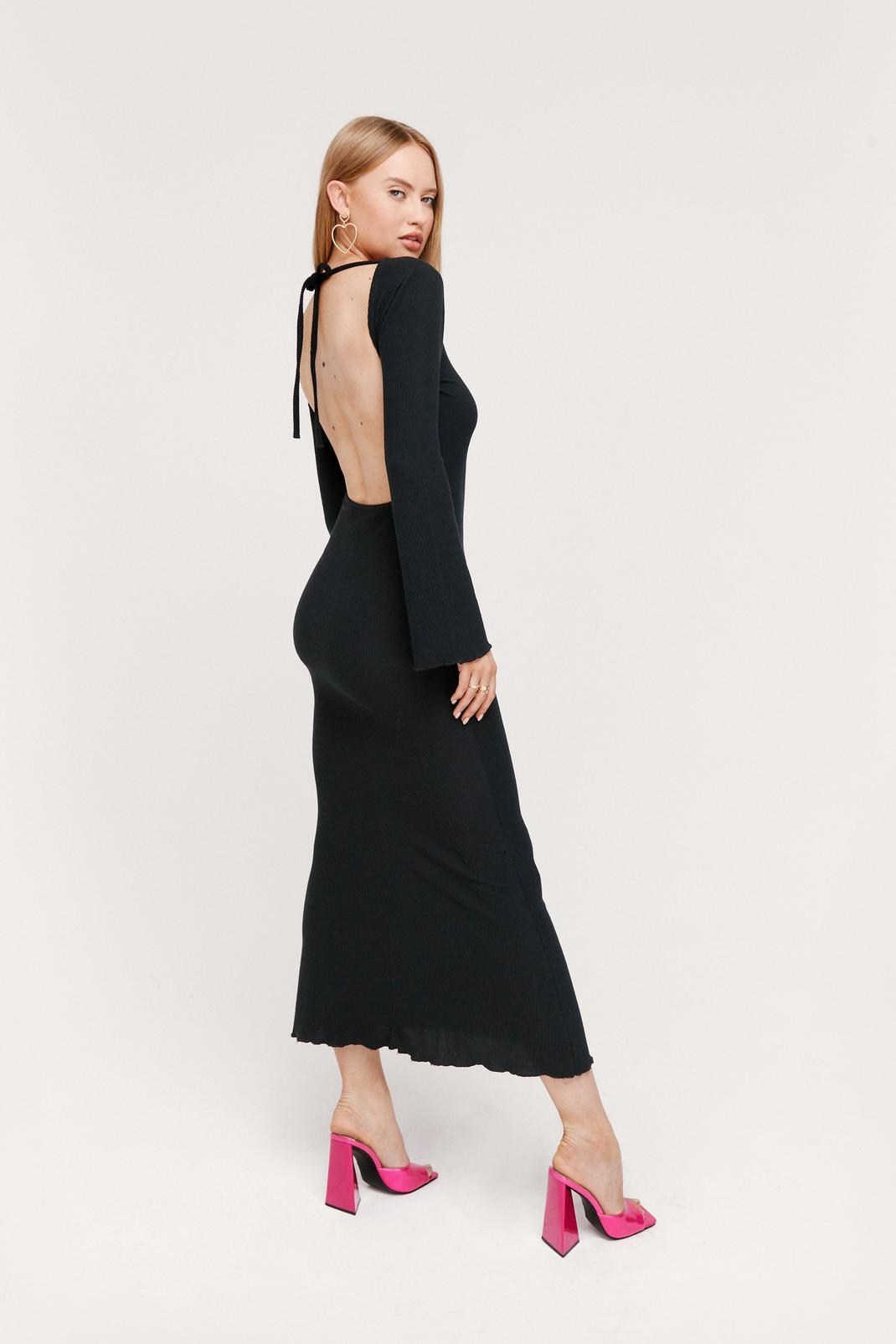Black Ripple Rib Flared Sleeve Backless Maxi Dress image number 1