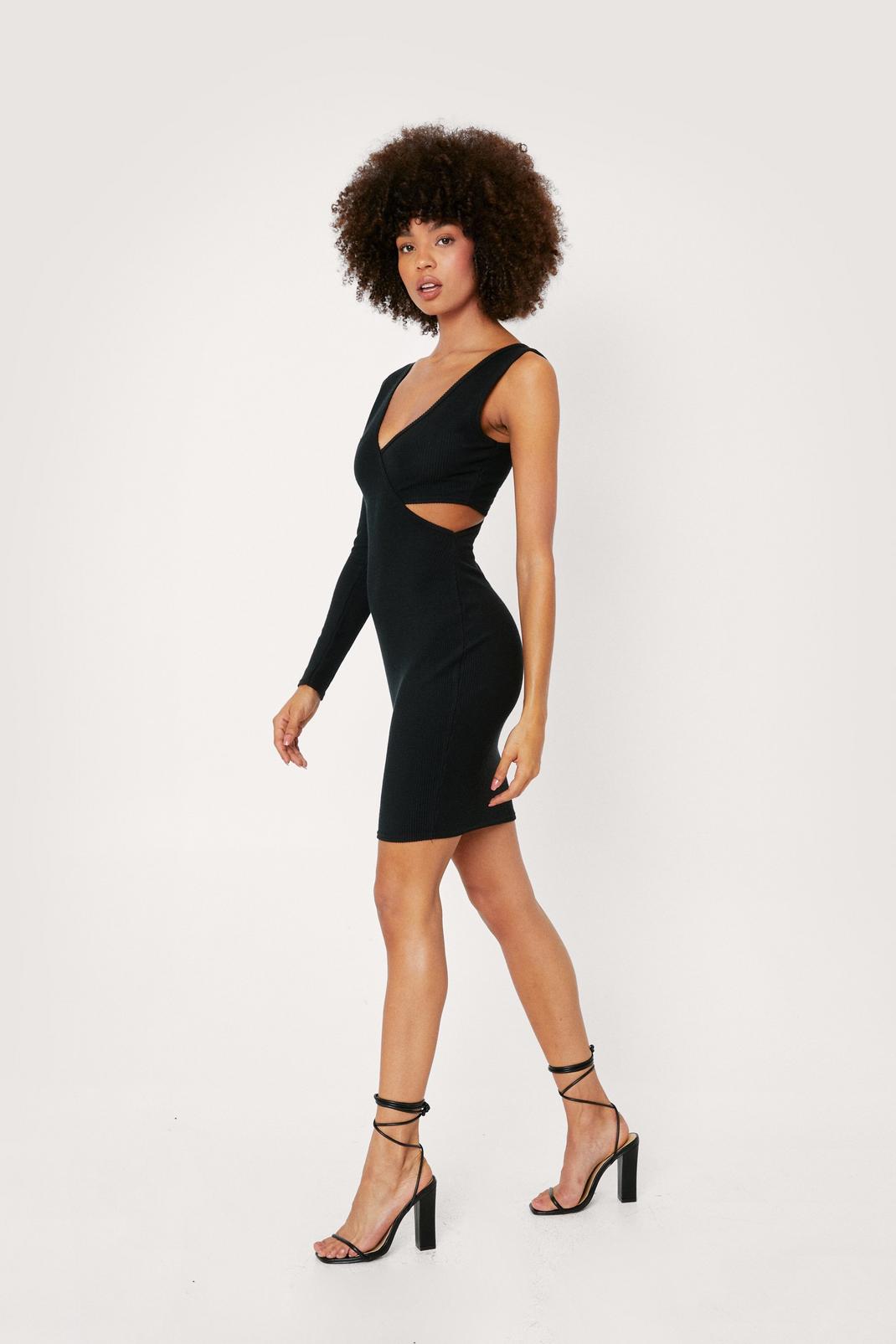 Black Ripple Rib One Shoulder Asymmetric Mini Dress image number 1