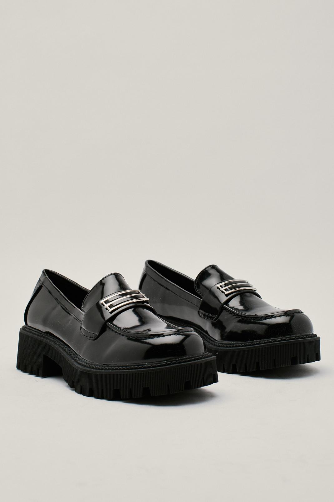 Black Chunky Metal Detail Faux Leather Loafers image number 1