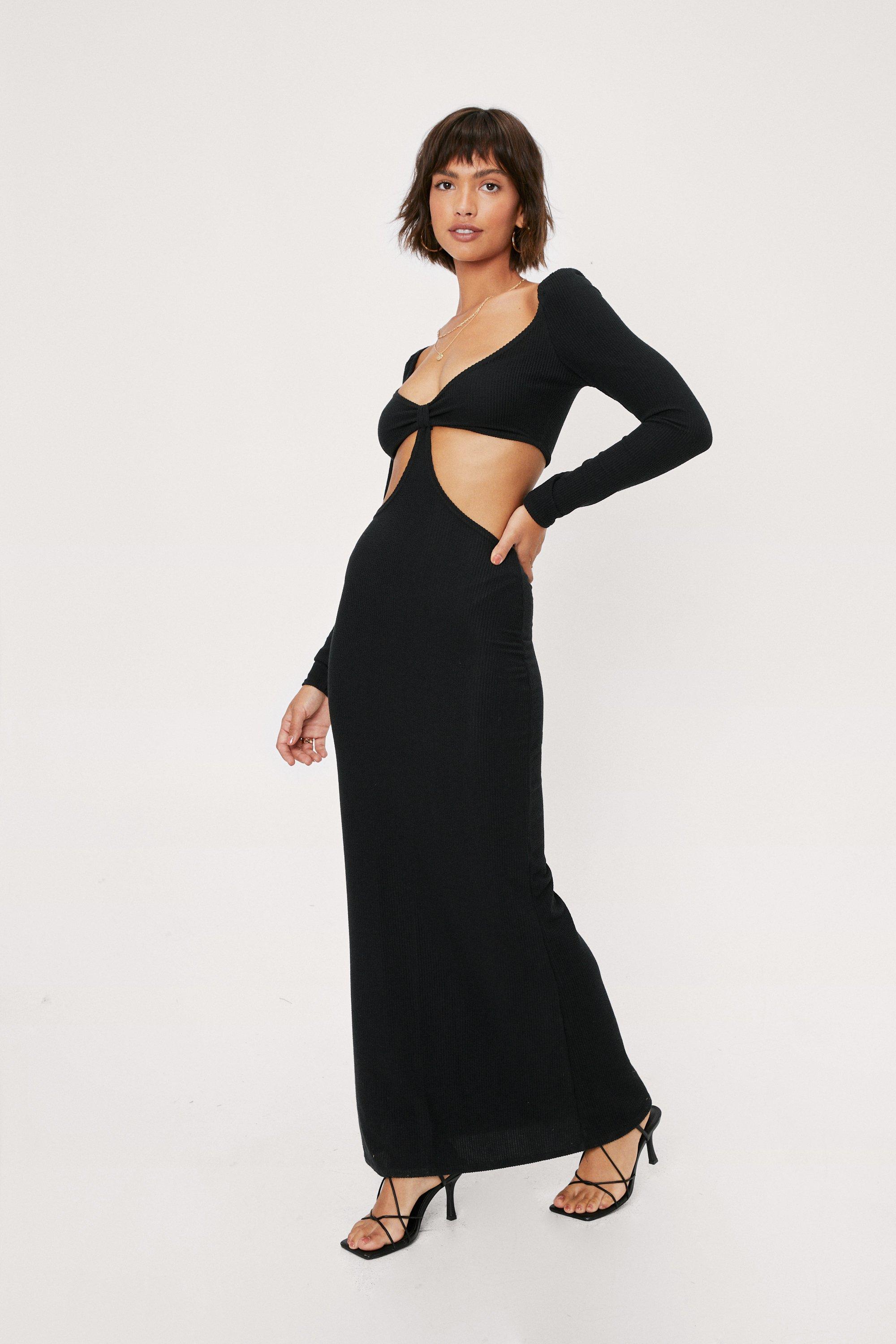 Long Sleeve Knot Front Cut Out Maxi ...