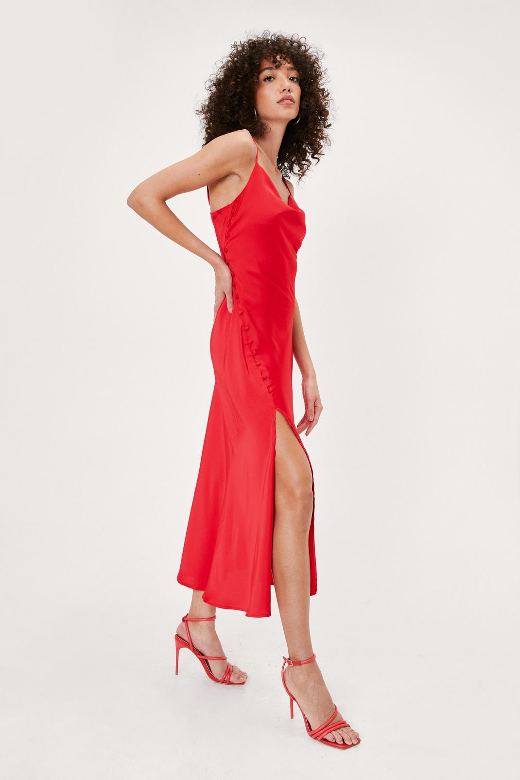 Red Satin Button Detail Cowl Neck Midi Dress image number 1