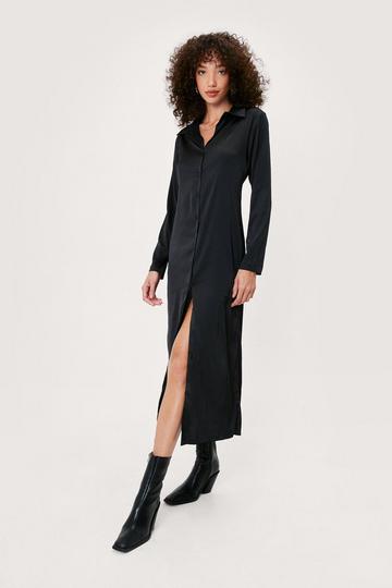 Black Satin Button Down Midi Shirt Dress