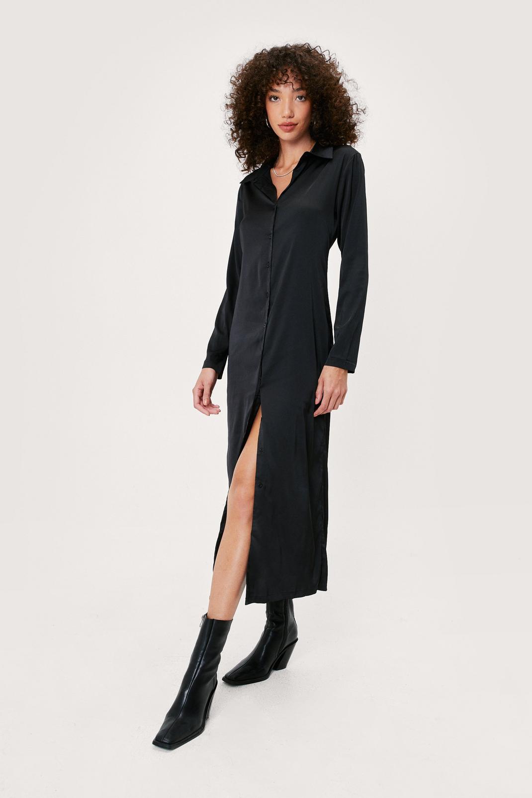 Black Satin Button Down Midi Shirt Dress image number 1