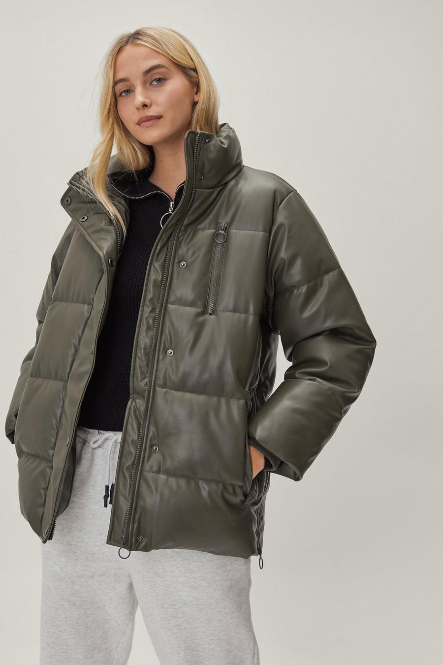 Faux Leather High Neck Padded Jacket