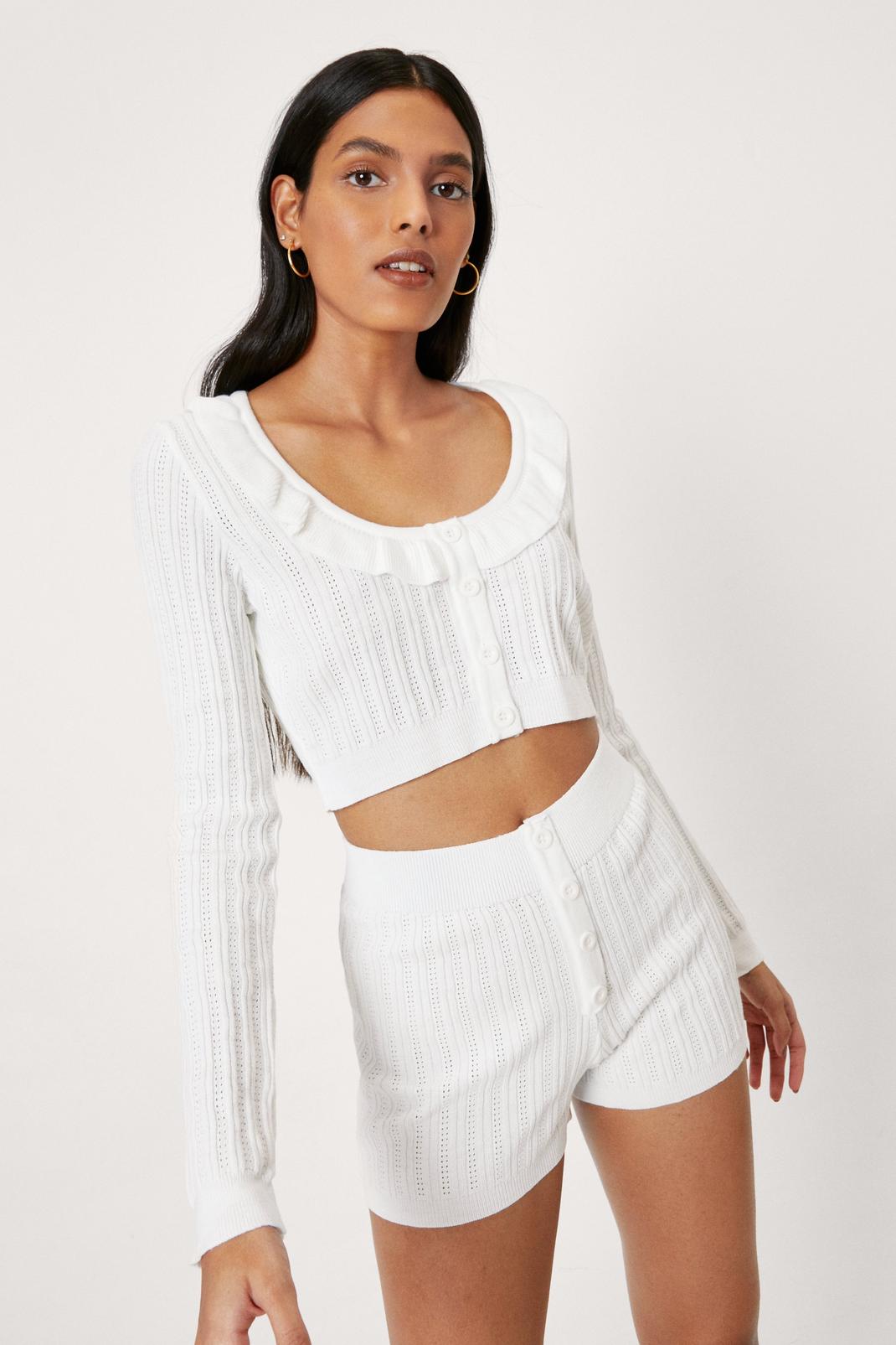 Ivory Button Down Collar Detail Knit Short Set image number 1
