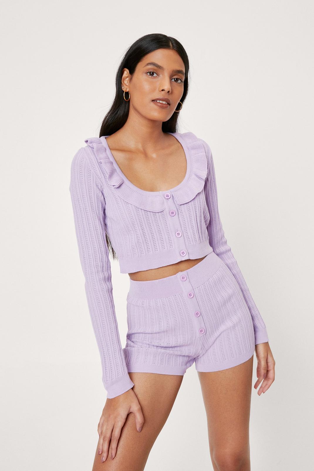 Lilac Button Down Collar Detail Knit Short Set image number 1