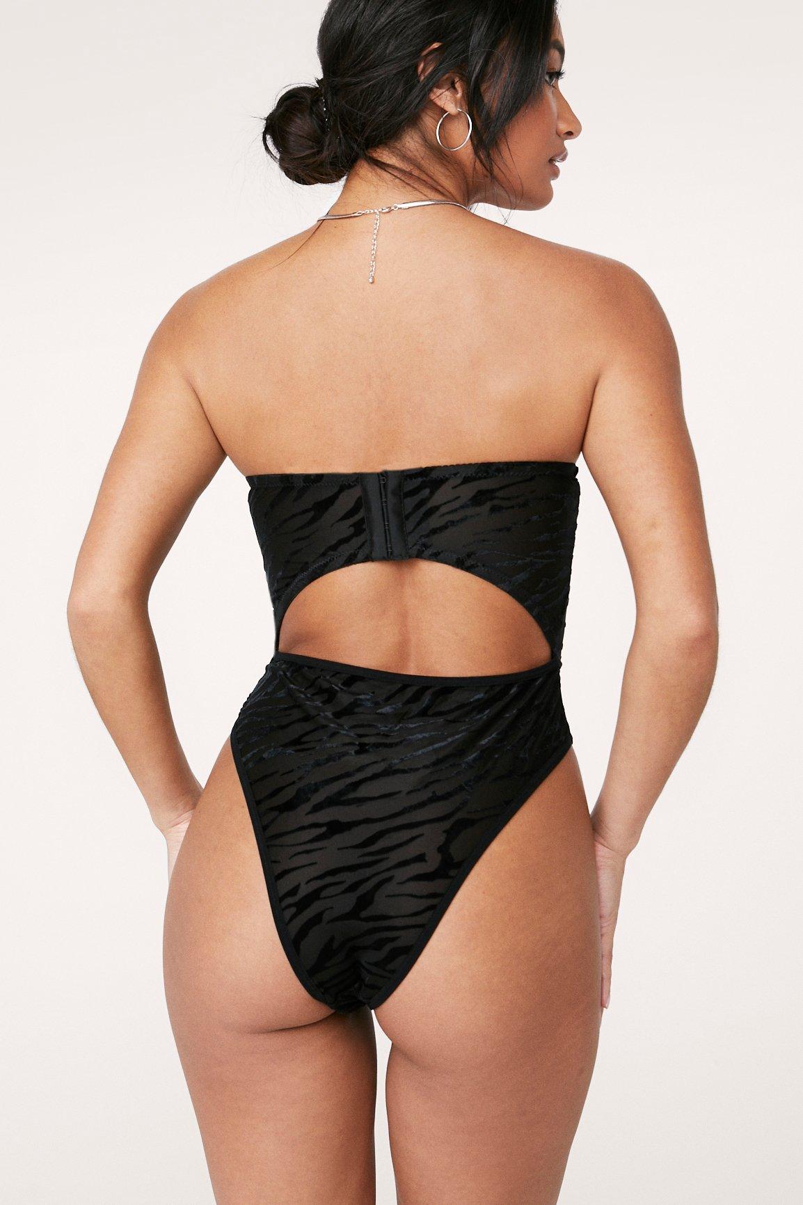 Flocked Zebra Satin Panel Corset Bodysuit