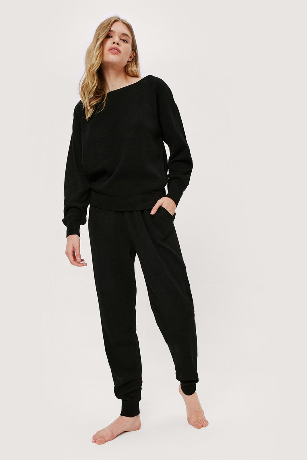 Black Boat Neck Relaxed Jumper and Joggers Lounge Set image number 1