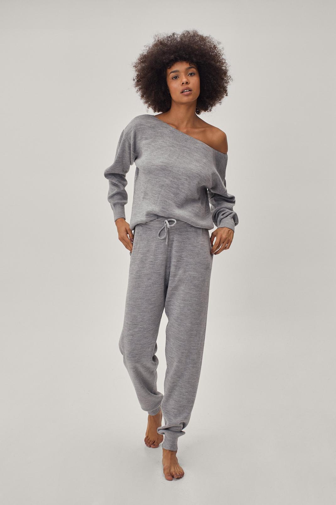 Grey marl Boat Neck Relaxed Sweater and Sweatpants Lounge Set image number 1