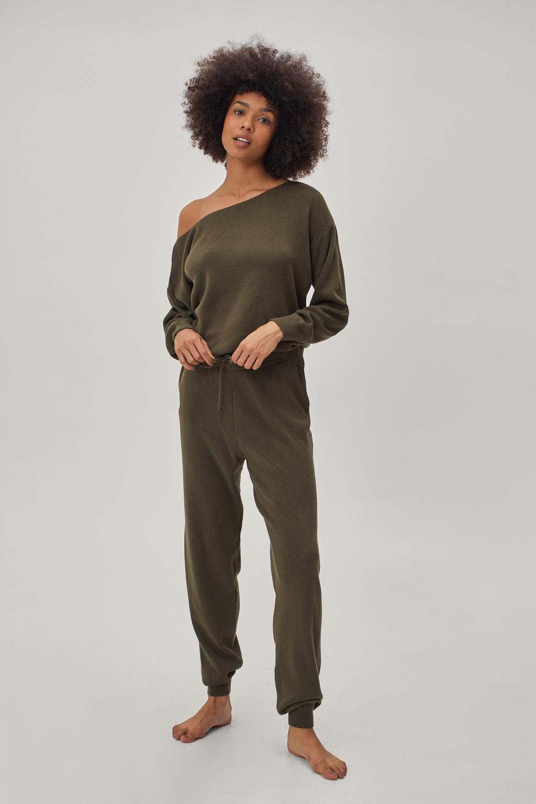 Khaki Boat Neck Relaxed Jumper and Joggers Lounge Set image number 1
