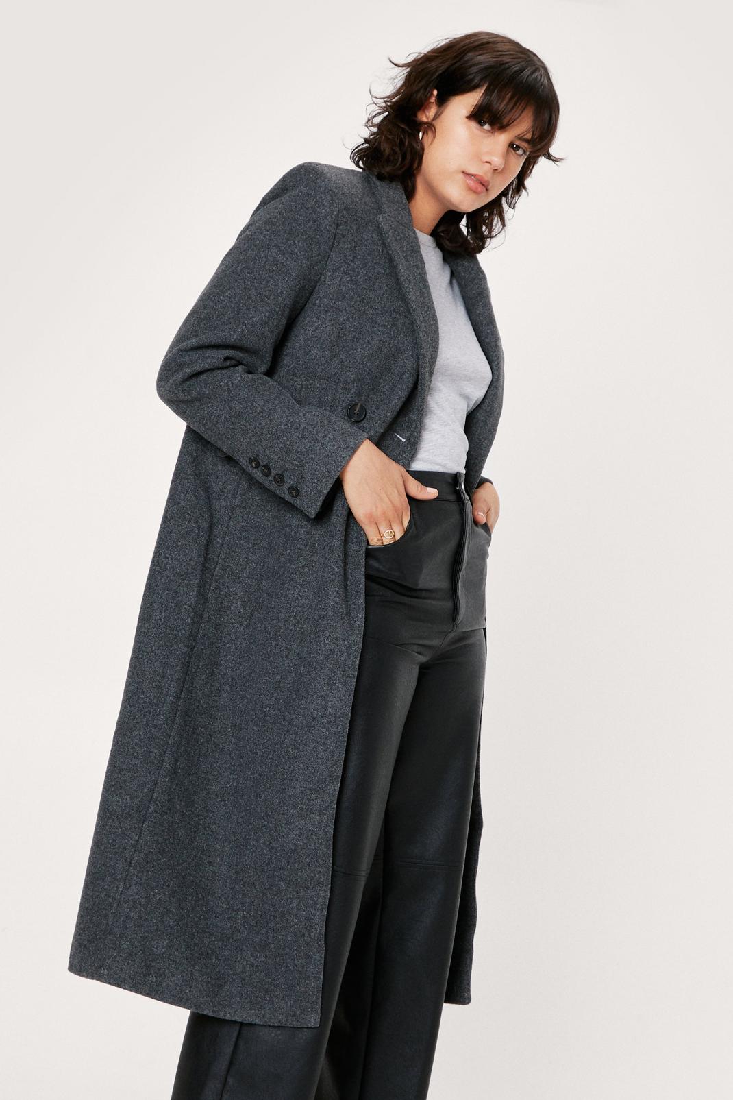 Charcoal Faux Wool Double Breasted Longline Coat image number 1