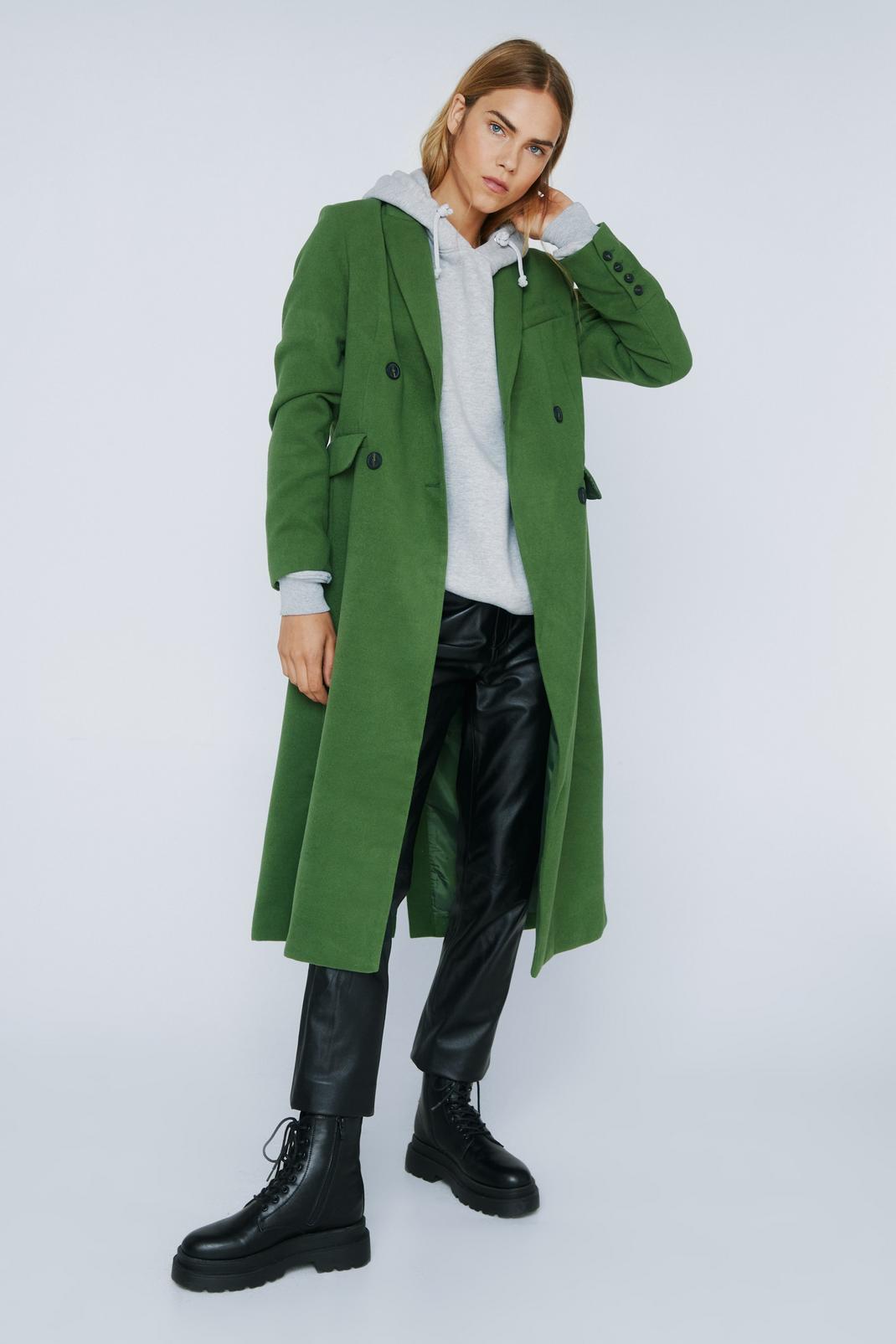 Green Faux Wool Double Breasted Longline Coat image number 1