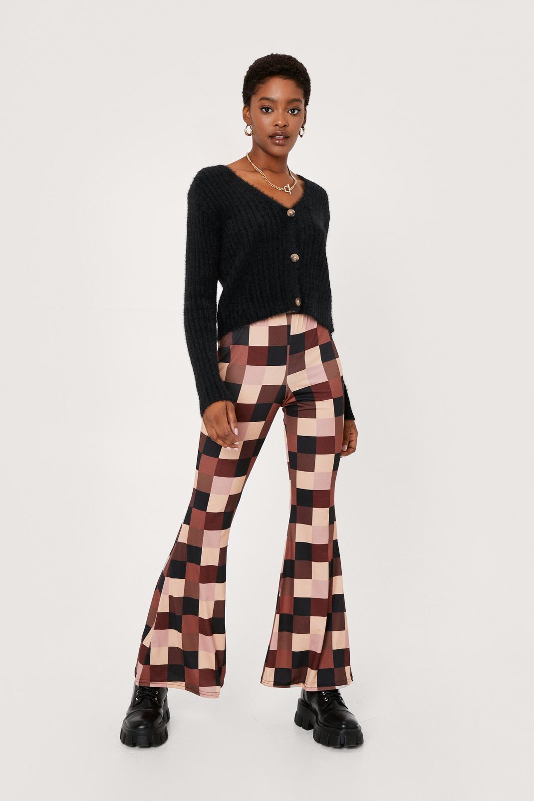Neutral Tile Print High Waisted Flare Pants image number 1