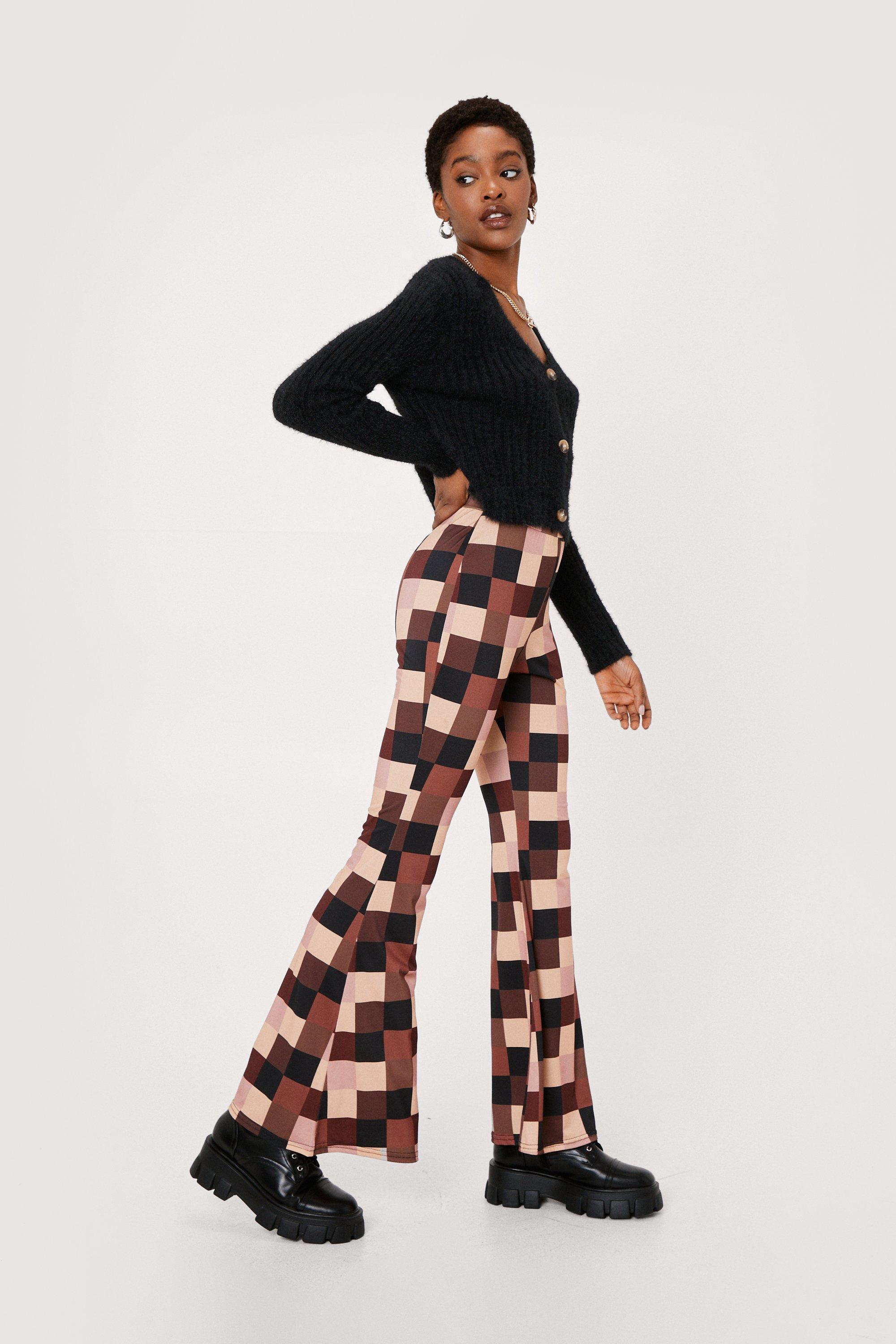 High Waist Flare Pants - Plaid