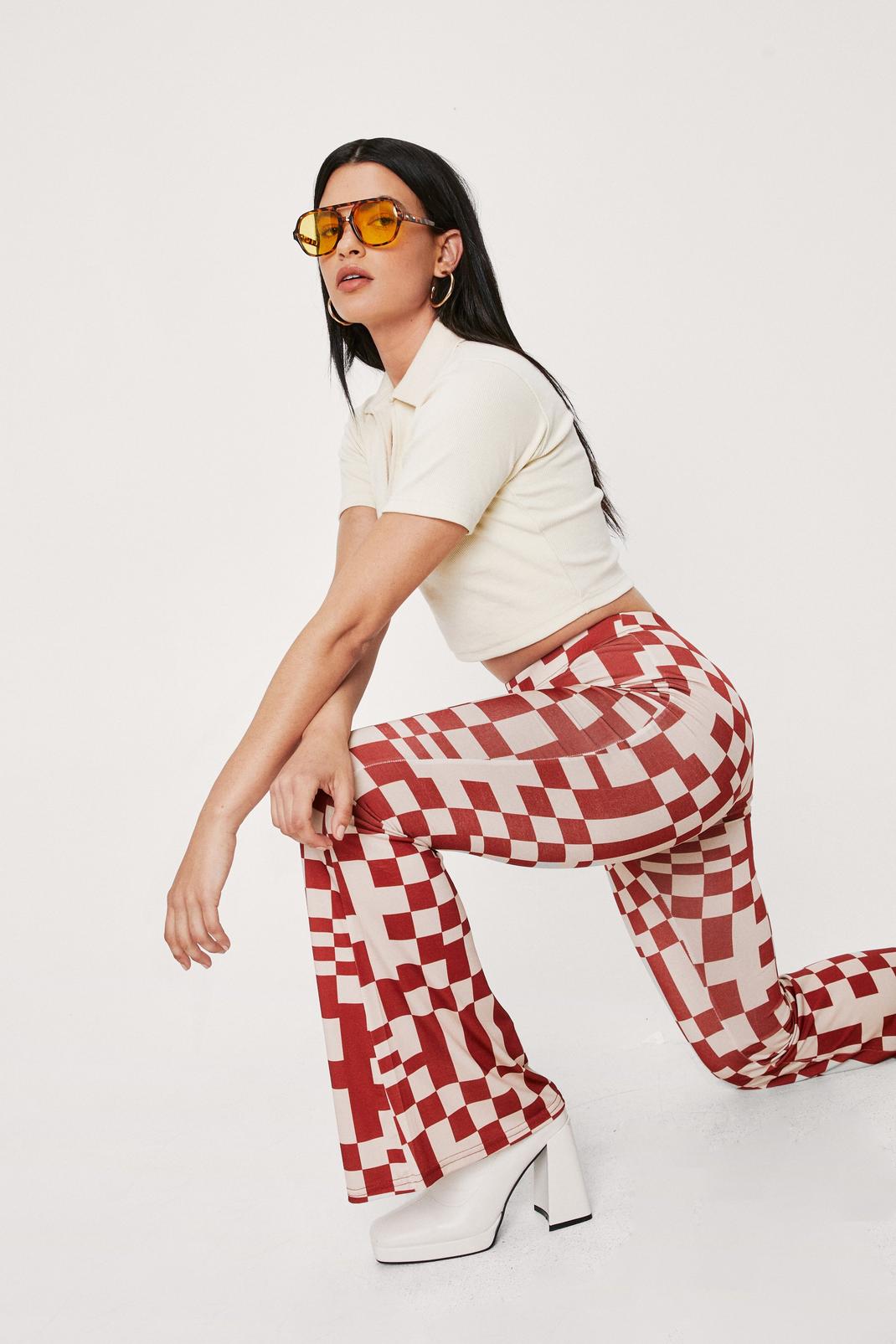 Abstract Check Print Jersey Flare Pants image number 1