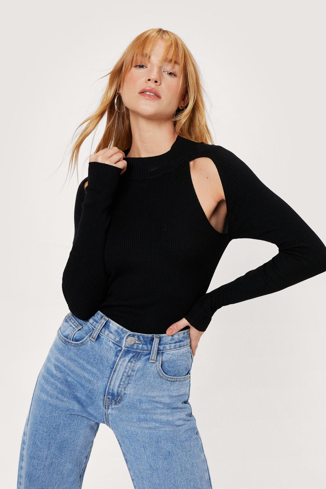 Black Petite Cut Out Long Sleeve Sweater image number 1