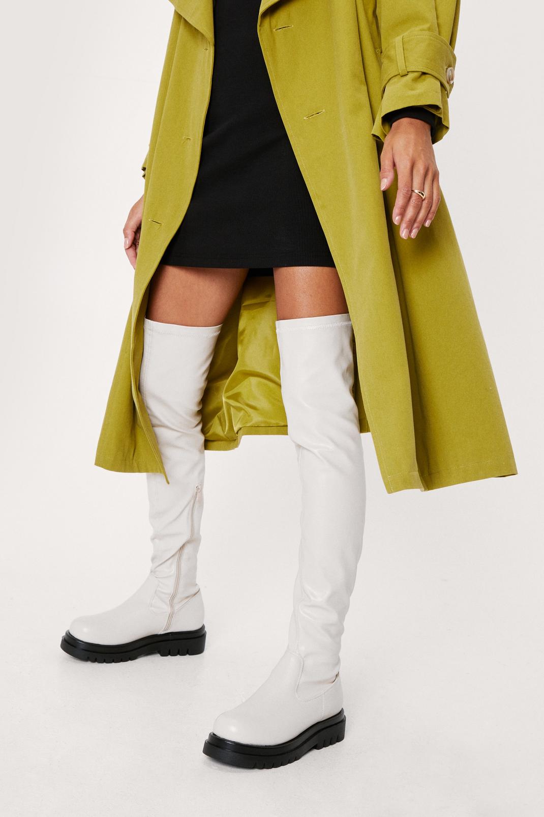 Ecru Stretch Faux Leather Over The Knee Boots image number 1