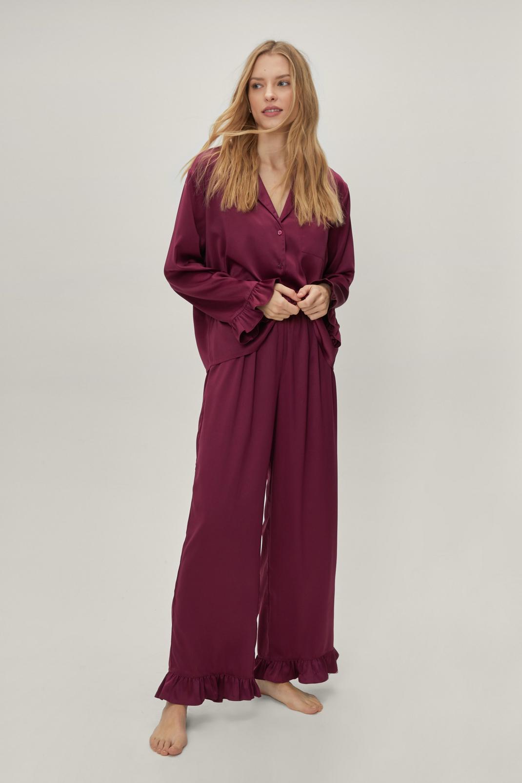 Plum Satin Long Ruffle Pyjama Trousers Set image number 1