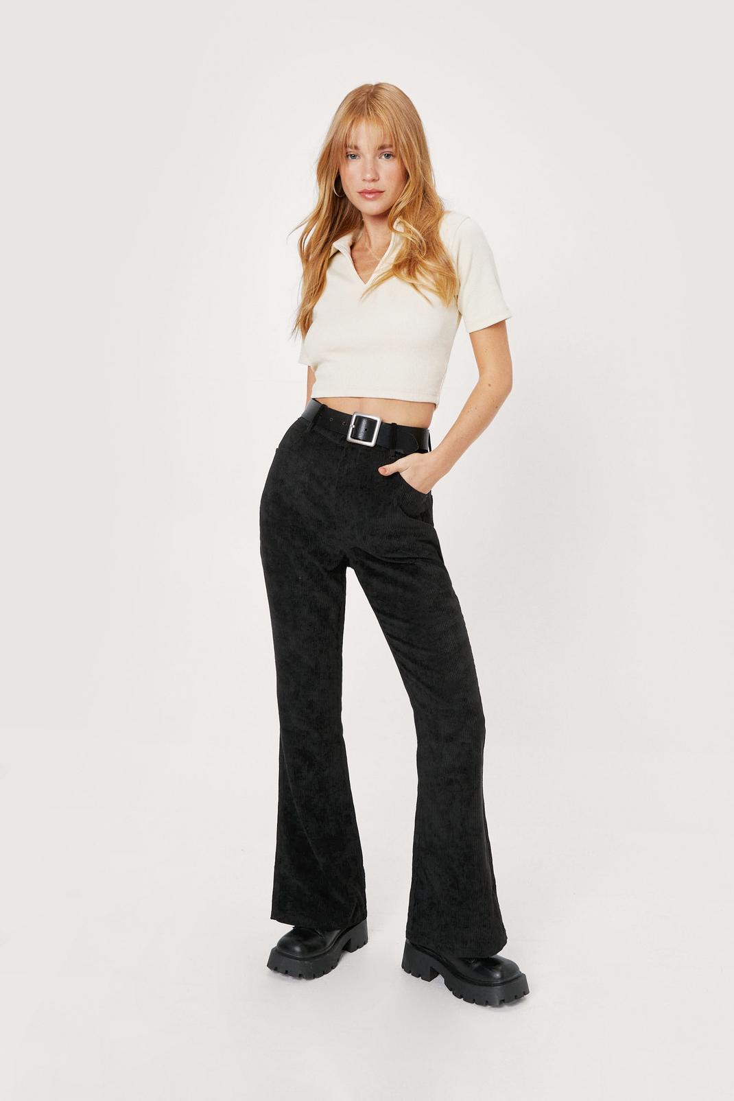 Black Petite Corduroy High Waisted Flared Trousers image number 1
