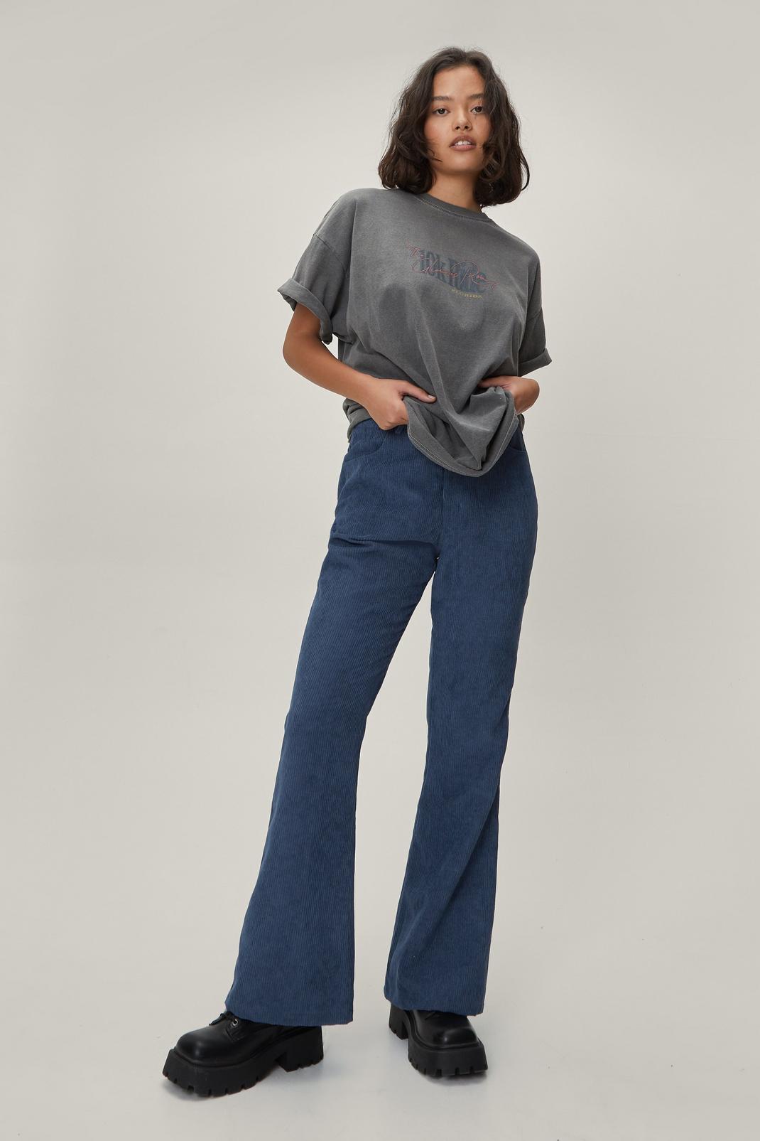 Blue Petite Corduroy High Waisted Flared Pants image number 1