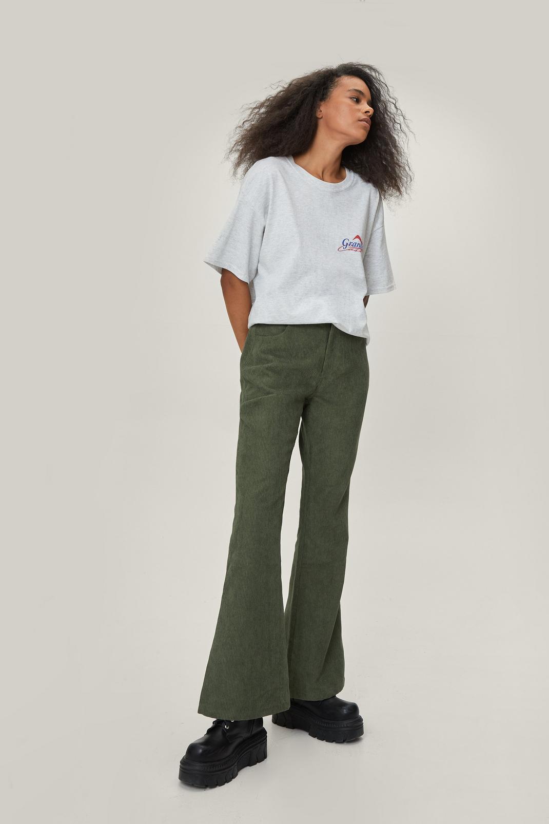 Olive Petite Corduroy High Waisted Flared Pants image number 1