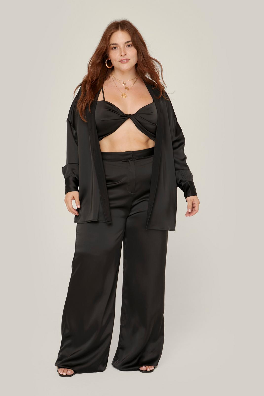 Black Plus Size Satin Wide Leg Tailored Trousers image number 1
